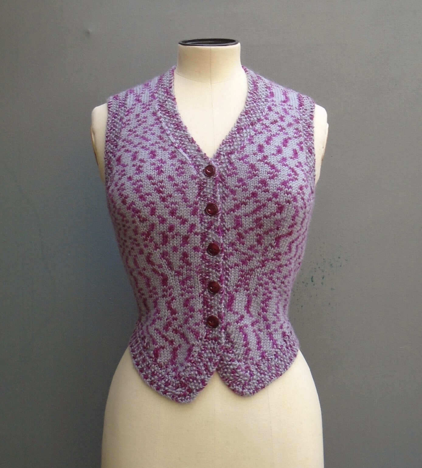 Image of Original Vintage S Hand Knitted Waistcoat Purple Magenta Sleeveless Cardigan Jerkin Slip Over S S