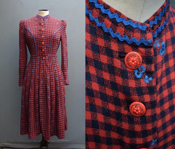 Vintage 1940s 50s Shirt Dress Checked Red Navy Bl… - image 2