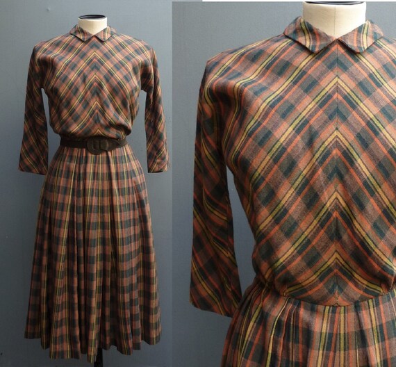 Original Vintage 1950s 1940s Rayon Plaid Checked D