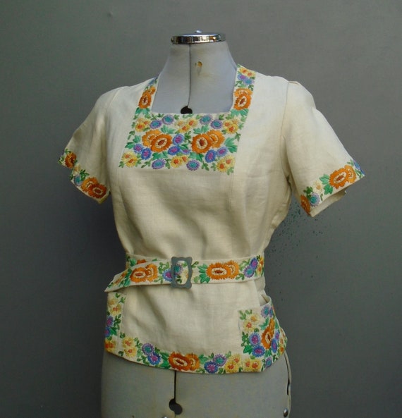 Rare Vintage 1930s Handmade Embroidered Peasant Bl