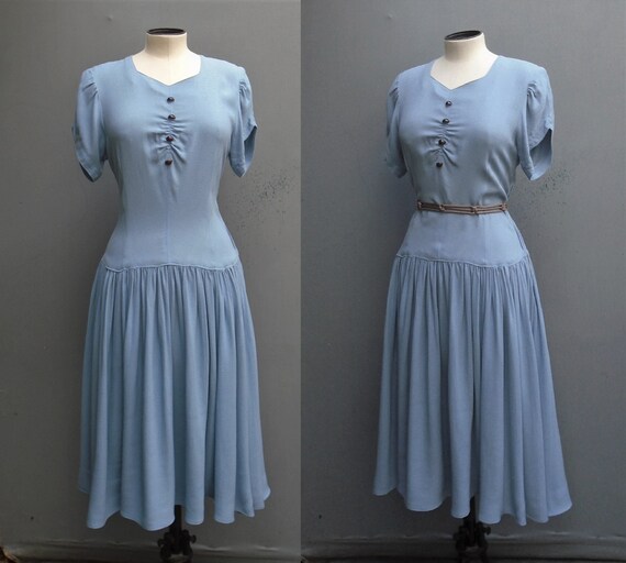Vintage 1940s Dress WW2 Powder Blue Handmade 40s U