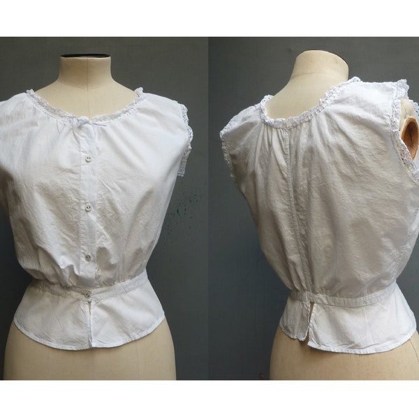 vintage années 1910 années 1920 Blanc Coton Corset Housse Camisole Top Dentelle Garniture Blouse Sans Manches Edwardian Teens