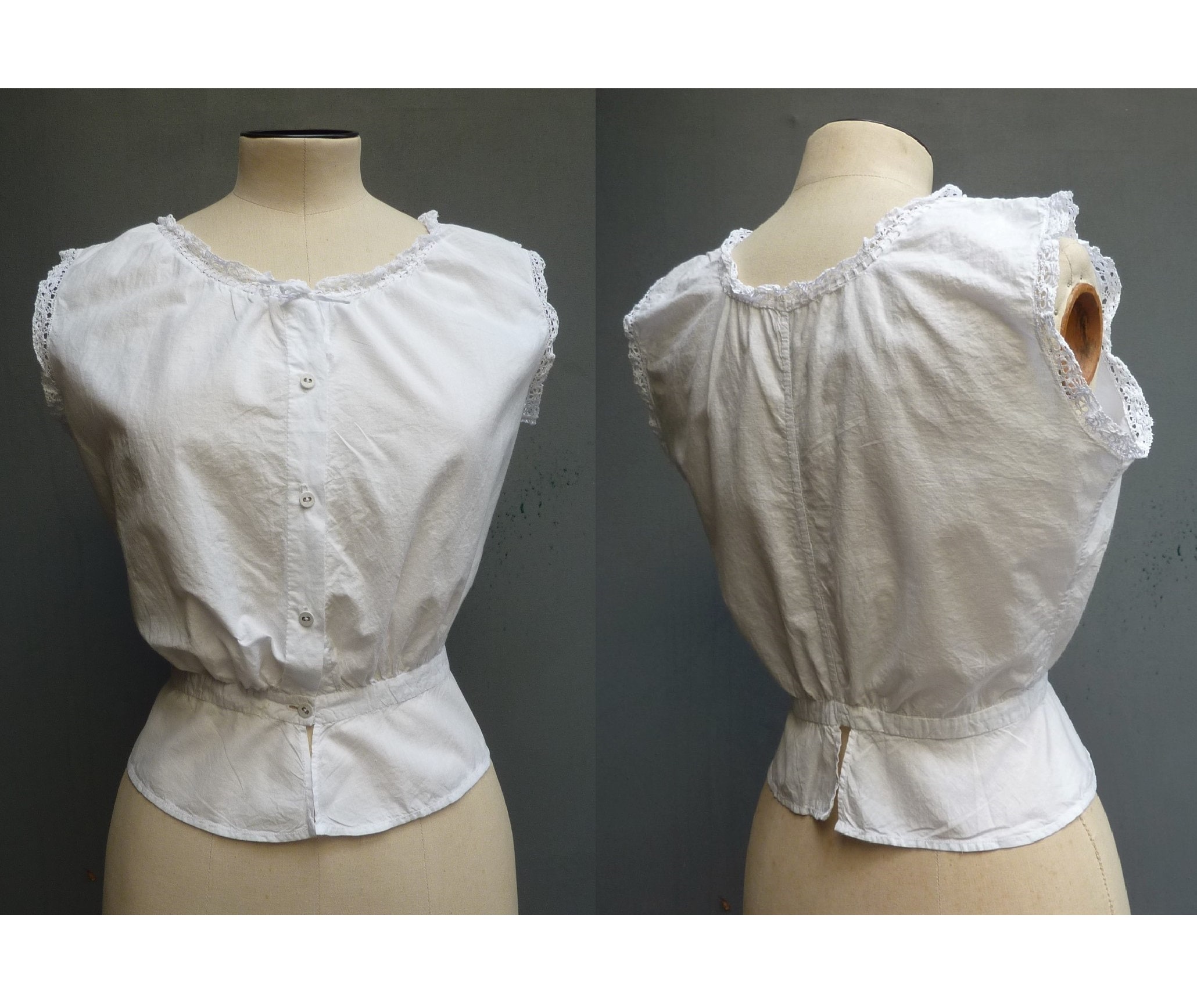 Vintage 1910s 1920s White Cotton Corset Cover Camisole Top Lace Trim Sleeveless Blouse Edwardian Teensthumbnail