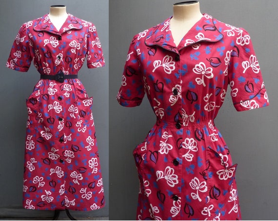 Vintage 1940s Cotton Shirt Dress Red White Blue B… - image 1