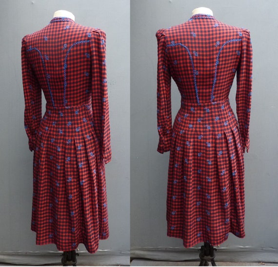 Vintage 1940s 50s Shirt Dress Checked Red Navy Bl… - image 7