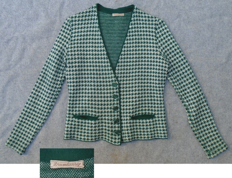 RARE Original Vintage 1930s 1940s Houndstooth Jersey Knit Jacket Cardigan Wool Sweater Green White image 8