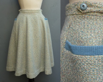 Super Vintage 1950s Skirt Cream Blue Flecked Textured Wool High Waist Novelty Big Pockets 50s