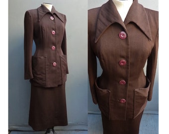 Superb 1940s American Suit Jacket Skirt Chocolate Brown Gabardine Wool 40s