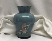 VINTAGE Blue Grey Painted Vase, Pink Lily