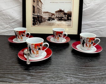 4 x 1980, français, Rouge et blanc, porcelaine, Maxim's Paris, tasses à expresso, style Belle Époque