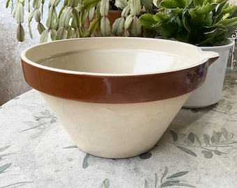 May include: A large, off-white ceramic mixing bowl with a wide, brown band around the rim. The bowl has a classic, flared shape and a small handle. The background includes potted plants, suggesting a kitchen or garden setting.