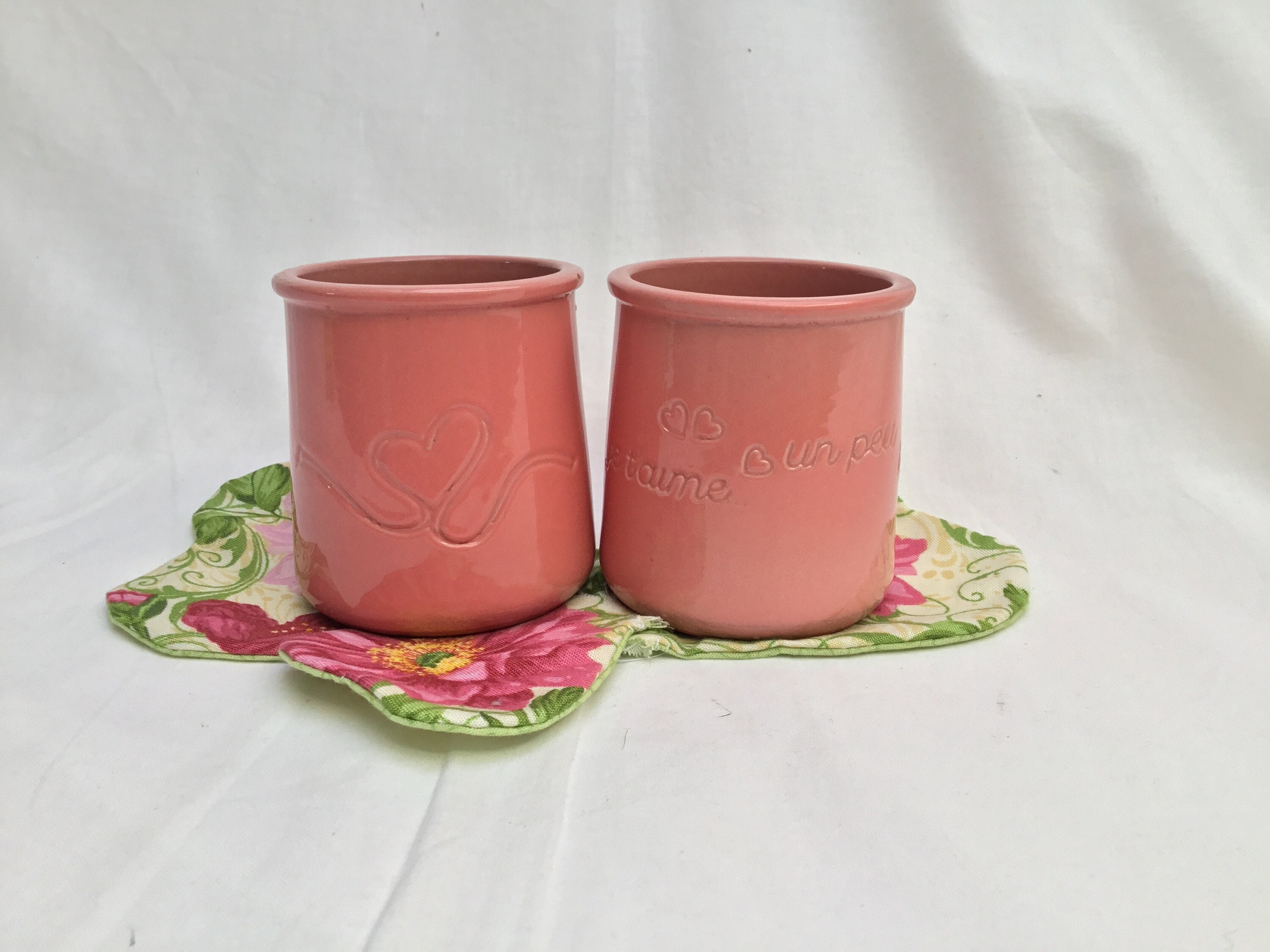 2, Rose, Français, Pots de Yogourt La Fermiere, Poterie, en Terre Cuite Émaillée, Saint-Valentin