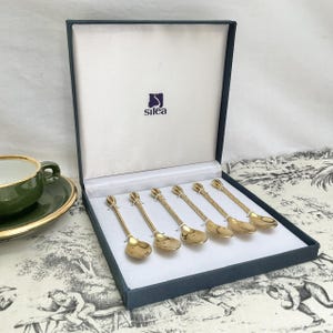 Vintage, French, SILEA, Gold Metal, Coffee Bean Spoons, Tea Spoons, Coffee Spoons, Boxed, Coffee Spoon Set