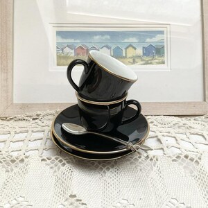 Apilco Yves Deshoulieres Espresso Cups & Saucers: Black and Gold Bistro Set