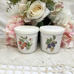 Vintage, French, REVOL, White, Porcelain, Faceted, Confiture Pot, Jam Pot, Plastic Lid, Plums, Strawberries