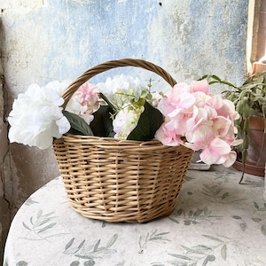 Vintage, French, Hand Woven, Wicker, Round Basket, Overhead Handle, Gathering Basket, Foraging Basket, Market Basket