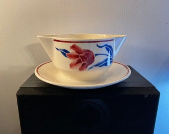 Années 1940, Français, BADONVILLER, Tulipes Design, Ironstone, Assiette fixe, Sauce Boat, Gravy Boat, Saucière, Porte-savon, Bol Pot-pourri