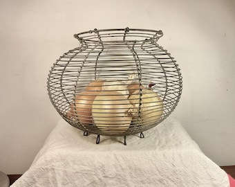 アンティークの卵バスケット、ワイヤー、希少、大型、フランスの
