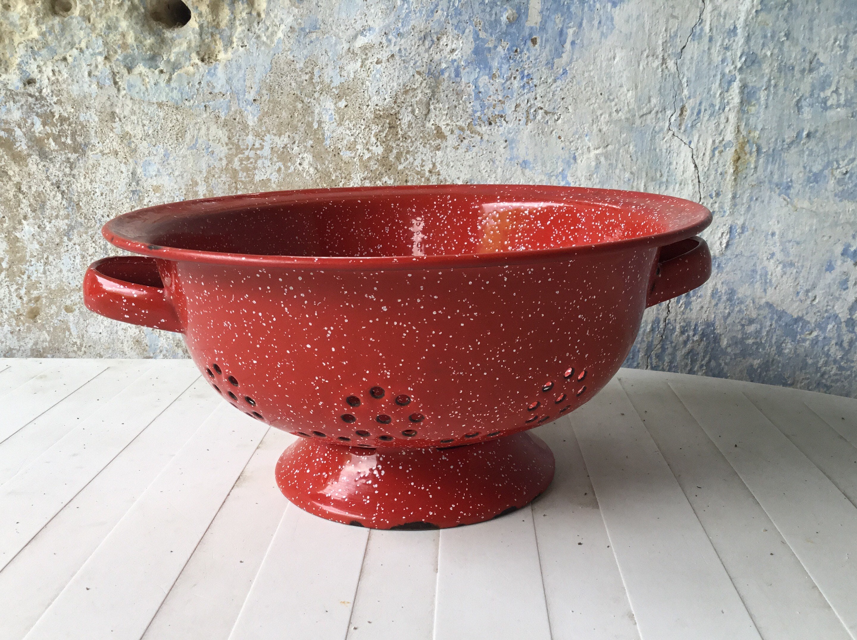 Français Vintage, Tamis en Émail Rouge, Passoire Émaillé Rouge Ustensiles de Cuisine Shabby Chic