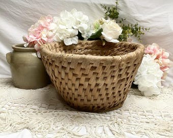 1950s, French, Hand Woven, Reed, Basket, Plant Pot Holder, Storage Basket, Boho, Farmhouse, Rustic