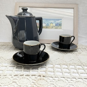 Apilco Porcelain Espresso Cups & Saucers: Black and Gold Bistro Set