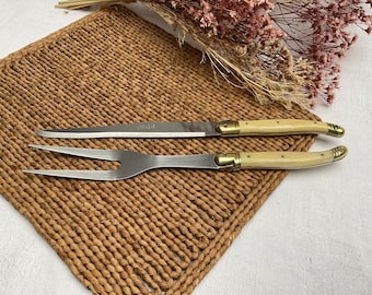 Authentic Laguiole Carving Set: Stainless Steel Knife and Fork with Cream Resin Handles