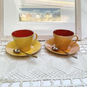 Apilco Habitat Espresso Cups & Saucers: Orange Yellow Porcelain Set