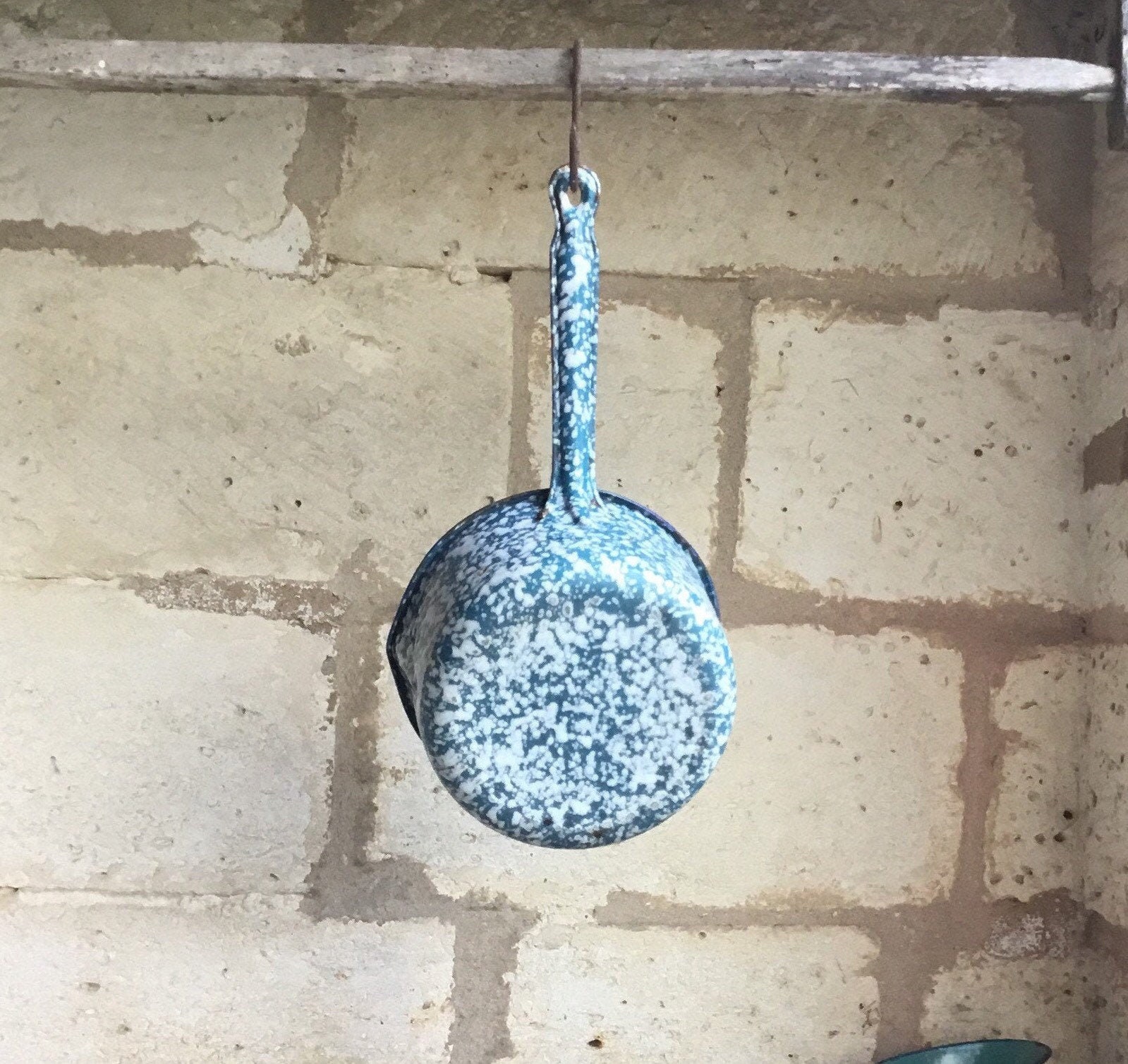 Magnifiques Années 1950, Français, Bleu Moucheté, Casserole en Émail, Cuisine de Ferme Français