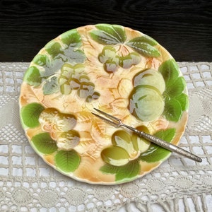 1970s French St Clement Majolica Fruit Plate: Hand-Painted Table Centerpiece