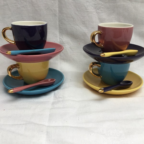 VINTAGE - French, Movitex, Ceramic, Colourful, Espresso, Demitasse Cups, Coffee Cups, Teaspoons, Tasses de Cafe, Dining and Serving