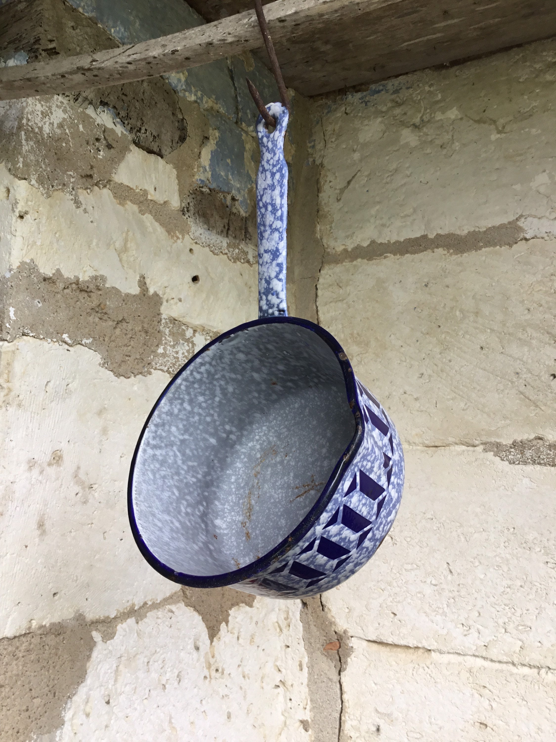 VINTAGE, French, Speckled Blue, Enamel, Saucepan, French Farmhouse
