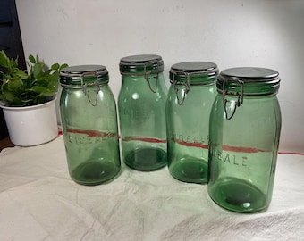 Antique French L’Ideale Green Glass Preserving Jar, Fermenting Jar: 2 Litre Capacity