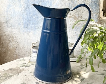 Vintage, French, Blue, Enamel, Jug, Water Pitcher, Flower Vase, Shabby Chic, Rustic Farmhouse