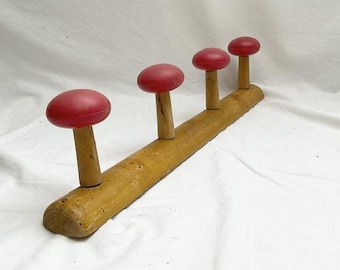 1970s, French, Retro, Eames Style, 4 Peg, Wooden, Coat Rack, Red, Plastic Finials, MCM