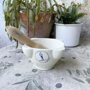 Vintage, French, Cream, Glazed, Porcelain, Pestle and Mortar, Spice Grinder, Wooden Pestle, Kitchenalia