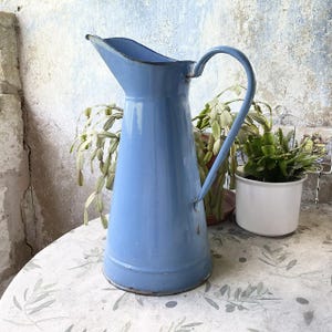 1950s, French, Blue, Enamel, Jug, Water Pitcher, Flower Vase, Shabby Chic, Rustic Farmhouse, Country Kitchen