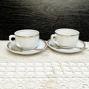 Apilco Flora Espresso Cups & Saucers: White and Gold French Bistro Crockery (Set of 2)