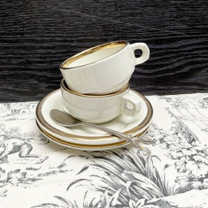 2 x Authentic PILLIVUYT, Cream and Gold, Espresso Cups and Saucers, Bistro Coffee Cups, French Bistro Crockery