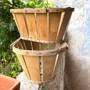 Può includere: Due cesti in legno color marrone chiaro impilati, caratterizzati da doghe verticali e bordi rinforzati. I cesti presentano una forma conica aperta, realizzati con sottili strisce di legno fissate da piccole graffette metalliche sui bordi.