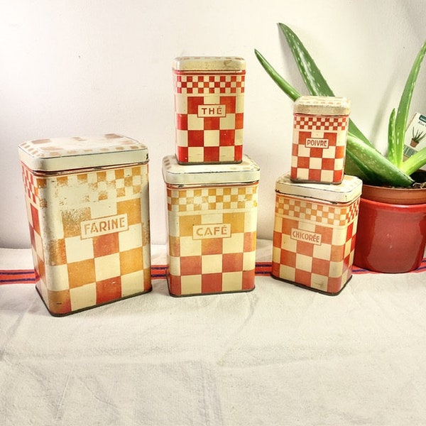 1930s, French, LUSTUCRU, Metal, Kitchen Canister Set, Red and White, Chequered, Nesting Canister Tins, Kitchen Decor, WW2 Decor,