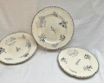 Antique, HB & Cie, French, Ironstone, Initialled, Dessert Plate, Hollow Plate, Dinner Plate, Grey TealTransferware, Terre de Fer