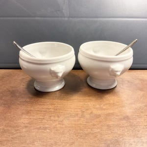 Set of 2, Authentic APILCO, Medium Size, 250ml, White, Porcelain, Pedestal, Bowls, Lion Head Handles, Country Kitchen