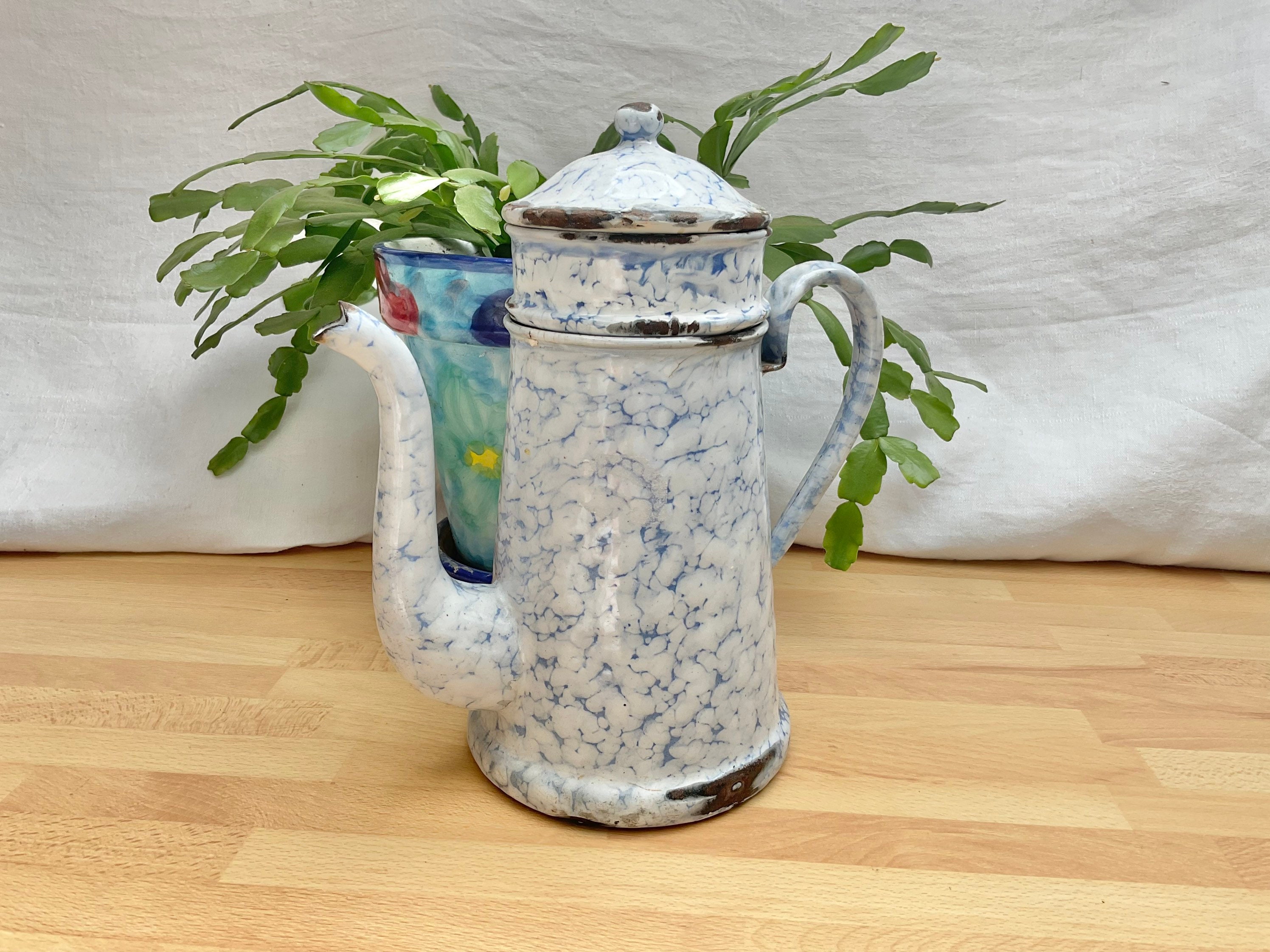 Vintage Enamelware Large Lidded Cooking Kettle Pot Light Blue Teal Color  With Black Trim Accents 6 in Tall by 10 in Diameter UNIQUE COLOR 