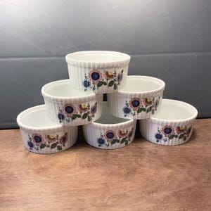 May include: Set of six white ceramic ramekins with a floral design. The ramekins are stacked in a pyramid shape. The flowers are pink, blue, and yellow.