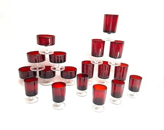 1970s, Retro, French, CAVALIER, Luminarc, Ruby Red, Aperitif Glasses, Wine Glasses, Champagne Coupes, Sold Individually,  Mix and Match