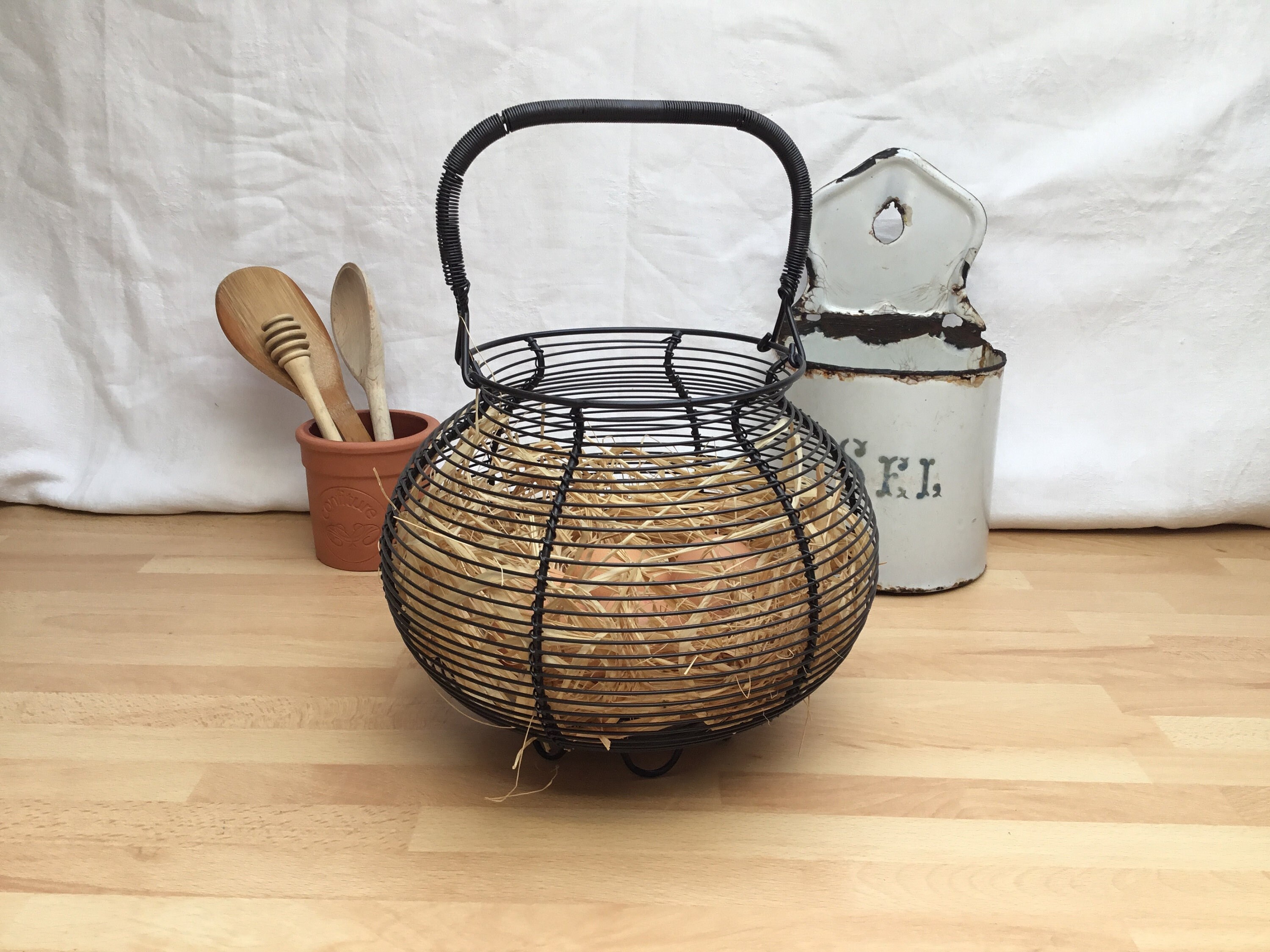 Vintage, Français, Noir, Fil, Panier à Œufs, Sèche-Salade, Cuisine Rustique