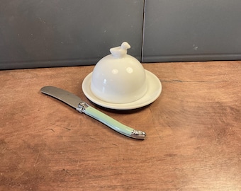French White Porcelain Butter Dish with Duck Lid