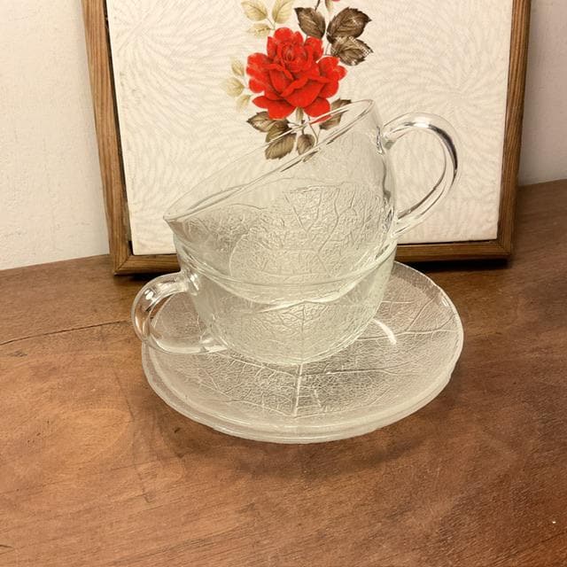 Juego de tazas de té vintage Arcoroc Aspen Leaf: vidrio francés repujado