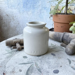 Vintage, French, LAB LAGNY, Cream Glazed, Stoneware, Mustard Pot, Kitchen Crock, Utensil Jar, Kitchen Storage, Country Kitchen