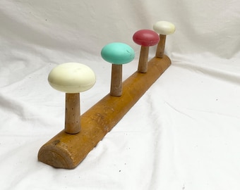 1970s, French, Retro, Eames Style, 4 Peg, Wooden, Coat Rack, Multi Coloured, Plastic Finials, MCM